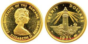 Bahamas, Queen Elizabeth II, Gold 20 Dollars, 8.15g, 1971, rev. Light House (KM 28). Proof