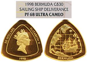 Bermuda, Elizabeth II, Gold Proof Triangle $30, 15.5g, .999 fine, 1998, Ship and a Map on 