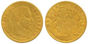 France, Napoleon III, Gold 5 Francs, 1.6g, 1859 (KM 787.2). Fine+, Scarce.