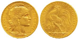 France, Gold 20 Francs, 6.5g, 1910, Liberty on obv. rooster divides value on rev. (KM 857)