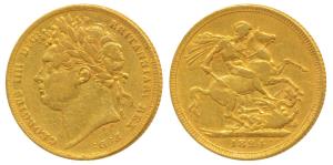 Great Britain, George III, Gold Sovereign, 1824, St. George slaying a dragon on rev. (KM 6