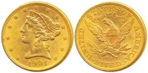 United States of America, Gold $5, 8.34g, Liberty head on obv., Motto ’IN GOD WE TRUST’ ab