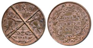 Copper ¼ Anna, 1858, defaced Die Trial by J Watt & Co., Birmingham, England. Cancelled and