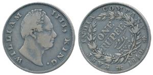 William IV, Silver Rupee, 1840, Mule, Calcutta Mint, F raised, A / I, Two leaves, 19 Berri