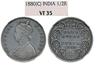 Victoria Empress, Silver ½ Rupee, 1880, Calcutta Mint, A / I / C incuse, (Prid 264). NGC g