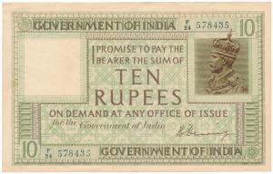 George V, Rupees 10, 1st issue, 1925, signed H. Denning, serial number in top right corner