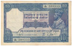 George V, Rupees 10, 2nd issue, 1926, signed J. B. Taylor, (J&R 7.2). Very Fine+, Scarce.