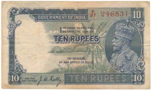 George V, Rupees 10, 3rd Issue, 1933, signed J. W. Kelly, (J&R 8.2). Very Fine+, Rare.