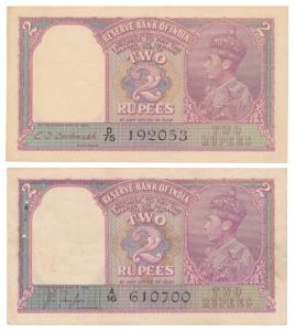 George VI, Rupees 2, 1943, signed J. B. Taylor; 1944, C. D. Deshmukh, (J&R 2.1 & 2.2). Ver