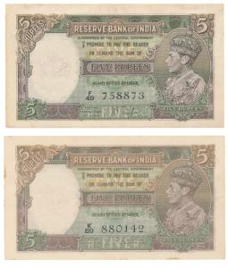 George VI, Rupees 5, 1st Issue, 1938, signed J. B. Taylor; 1944, signed C. D. Deshmukh (J&