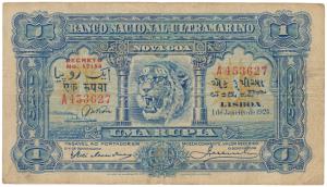 Indo-Portuguese, Uma (One) Rupia, 4th issue, 1929, Banco Nacional Ultramarino, ed overprin