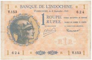 French India, Banque De L’Indochine, Rupee 1, Pondichery, 1945, (Jhun 1.7a). Very Fine+, R
