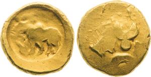 Taxila, (circa 3rd to 2nd century BC), Gold Unit, 2.18g, Obverse: Zebu bull standing left,