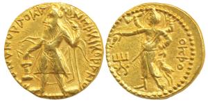 Kushanas , Kanishka I, (c. AD 127-151), Gold Dinar, 7.97g, Obverse: caped and crowned king