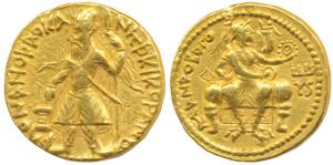 Kushanas , Kanishka I, Gold Dinar, 7.92g, Obverse: caped and crowned king standing facing,