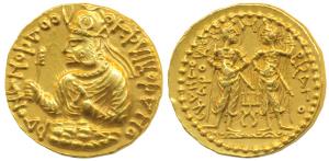 Kushanas, Huvishka, Gold Dinar, 7.98g, Obverse: diademed and crowned bust of the king emer