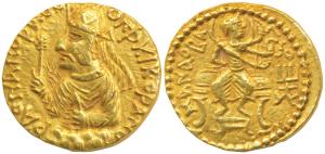 Kushanas, Huvishka, Gold Dinar, 7.98g, Obverse: diademed and crowned bust of the king emer
