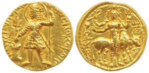 Vasudeva I, Gold Dinar, 8.01g, Obverse: king nimbate standing left, holding a trident to r
