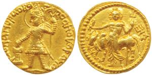 Vasudeva I (circa 190-230 AD), Gold Dinar, 8.11 g, Obverse: king nimbate standing left, ho