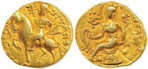 Guptas, Chandragupta II, Gold Dinar, 7.76g, ‘Horseman’ type, Obverse: king riding to left 