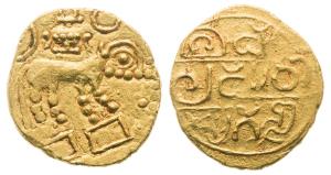Hoyasalas of Dorasamudra, Vinayaditya (1047-1101 AD), Gold Pagoda, 4.04g, Obverse: a Lion 