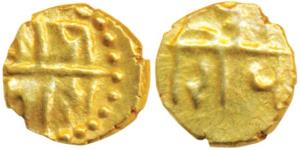 Chhatrapati Shivaji Maharaj (1630-1680 AD), Gold Fanam. 0.37g, Obverse: Ra(ja) Shiva. Reve