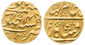 Gold Mohur, 10.85g, in the name of Shah Alam II, Unreadable New mint, Obverse: Shah Alam b
