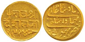 Deshalji II (VS 1875-1917, 1818-1860 AD), Gold 25 Kori, 4.69g, Bhujnagar Mint, with the na