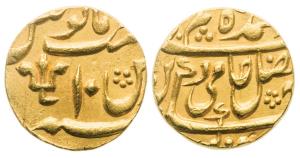 Gold Mohur, 11.05g, Azimabad Mint, in the name of Shah Alam II, Year 10, the earliest know
