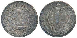Silver ½ Pagoda, 20.98g, 2nd issue, 1808, Obverse: value in English and Persian on ribbon 