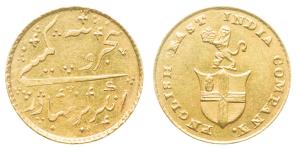 Gold Rupees 5 or 1/3 Mohur, 3.87g, Obverse: company arms with a lion holding a crown, Reve