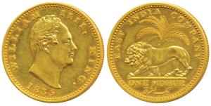William IV, Gold Proof Restrike Mohur, 1835, Bombay Mint, no initial on truncation, lion a