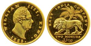 William IV, Gold Proof Restrike 2 Mohurs, 1835, Calcutta Mint, R. S. initials incused on t