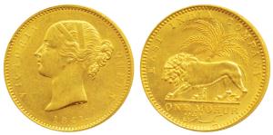 Victoria Queen, Gold Mohur, 11.66g, 1841, Divided legend, WW incused on truncation, cross 
