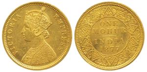 Victoria Empress, Gold Mohur, 11.6g, 1877, V in Jabot (Prid 14). Extremely Fine, Very Rare