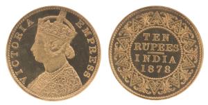 Victoria Empress, Gold Rupees 10, 1878, Calcutta Mint, (Prid 34, SW 6.20). Proof Restrike,