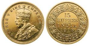 George V, Gold Proof Restrike 15 Rupees, 1918, Bombay Mint, (KM 525). Superb Mint State, P