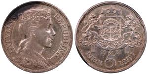 Lativia, Silver 5 Lati, 24.83g, 1931, (KM 9).