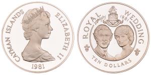 Cayman Islands, Elizabeth II, Silver 10 Dollars, 28.28g, 1981, Marriage of Prince Charles 