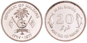 Maldives, Silver 20 Ruffiya, 28.27g, 1977, Fao, (KM 56).