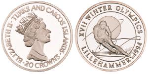 Turks and Caicos, Elizabeth II, Silver 20 Crowns, 31.16g, 1993, XVII Winter Olympic, Lille