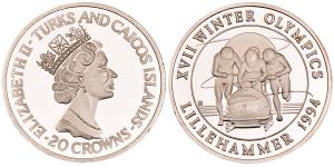 Turks and Caicos, Elizabeth II, Silver 20 Crowns, 31.04g, 1993, XVII Winter Olympic, Lille