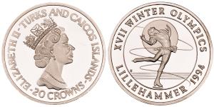 Turks And Caicos, Elizabeth II, Silver 20 Crowns, 31.13g, 1993, XVII Winter Olympic, Lille