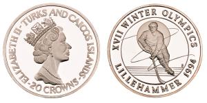 Turks and Caicos, Elizabeth II, Silver 20 Crowns, 31.04g, 1994, XVII Winter Olympic, Lille