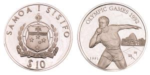 Samoa I Sisifo, Silver 10 Tala, 31.32g, 1991, Summer Olympics, (KM 82).