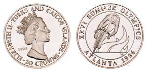 Turks and Caicos, Elizabeth II, Silver 20 Crowns, 31.08g, 1995, XXVI Summer Olympics, Atla