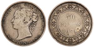 Victoria, Silver 50 Cents, 11.38g, 1874, Newfoundland, (KM 6).