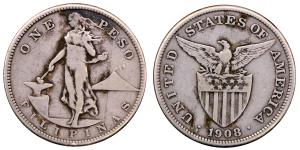 United States of America, Silver 1 Peso, 19.5g, 1908, U.S.Administration, Filipinas, (KM 1