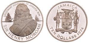 Jamaica, Elizabeth II, Silver 10 Dollars, 43.03g, 1974, Sir Henry Morgan, (KM 63).