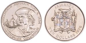 Jamaica, Elizabeth II, Silver 10 Dollars, 37.42g, 1975, Christopher Columbus, (KM 66a).